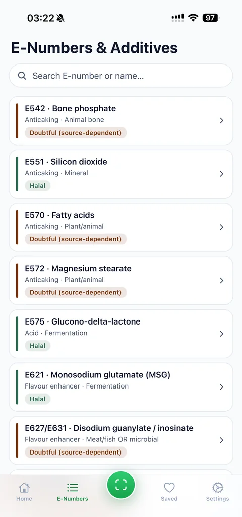 The E-number list inside the app