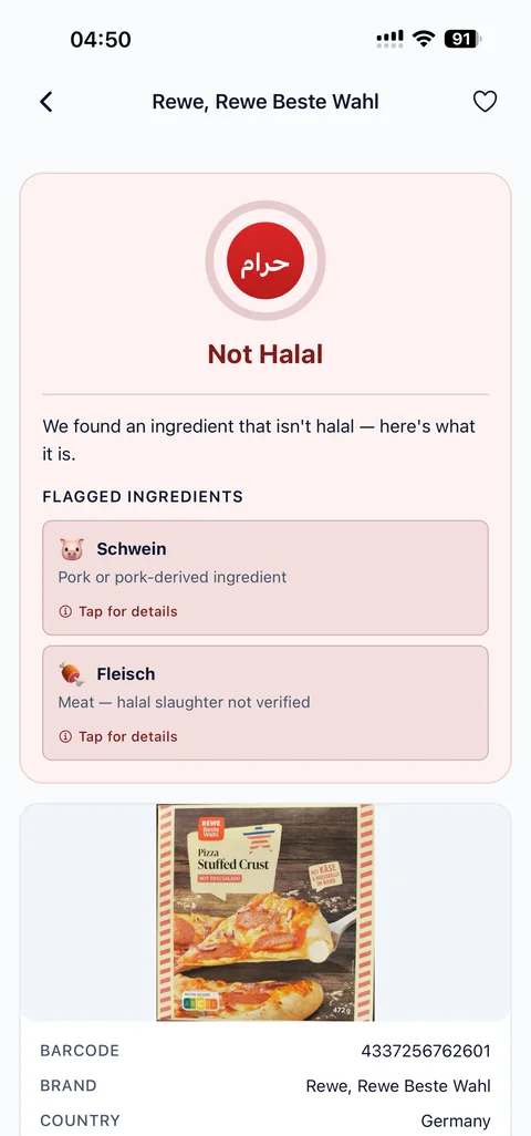 A result screen showing Not Halal for a stuffed crust pizza, with the flagged ingredients listed